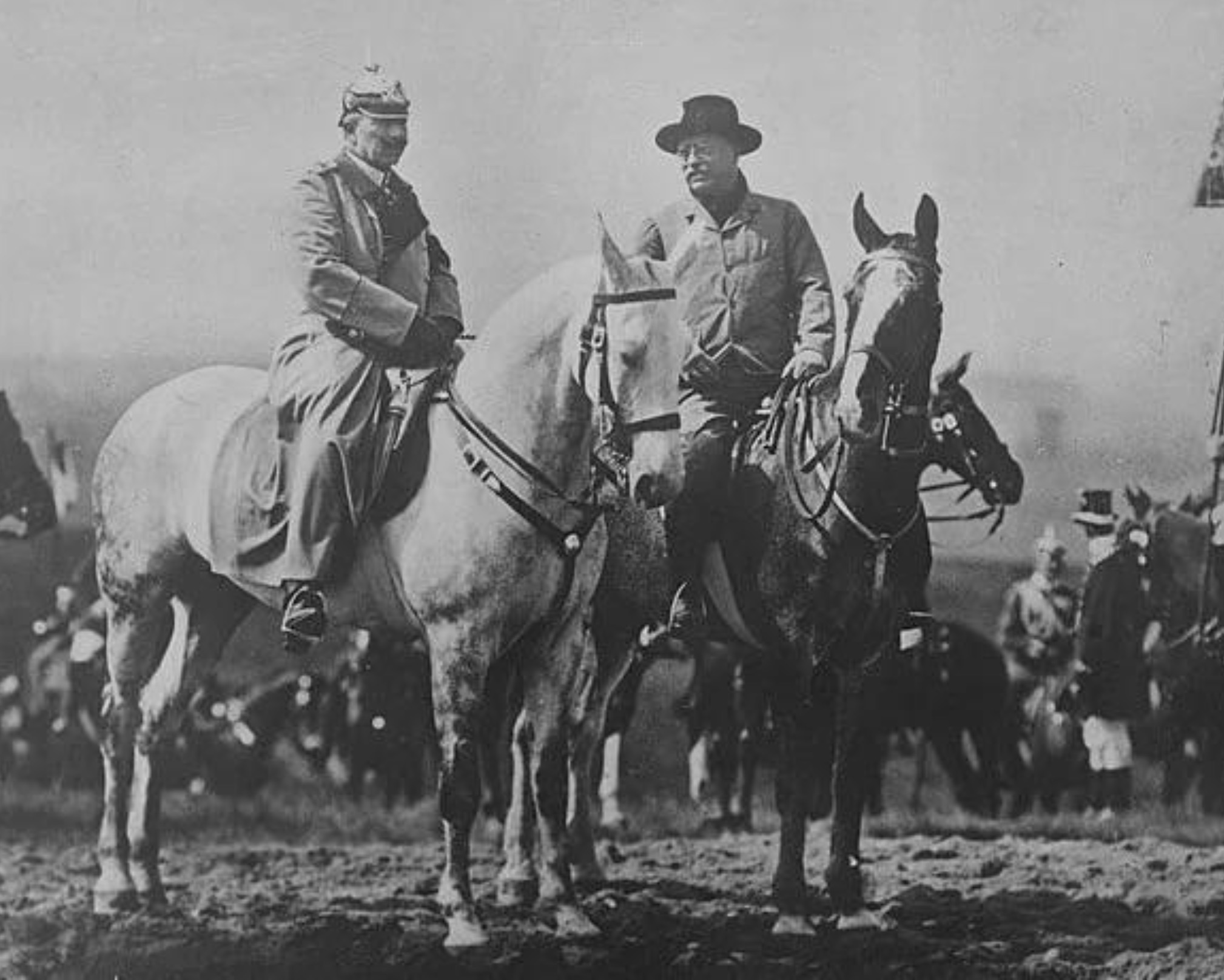 Then former US President Theodore Roosevelt and German Emperor Kaiser Wilhelm II riding on horseback in Döberitz, Germany. Circa 1910 
